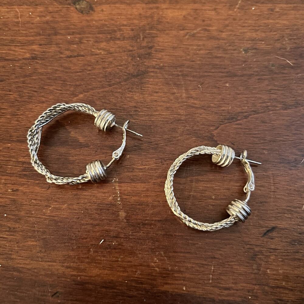 Vintage Twisted Silver Tone Hoop Earrings Braided Rope Design 80s Statement